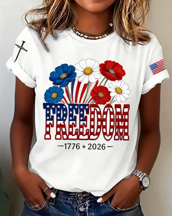 100% Cotton Women's 250 Years of America 1776-2026 Independence Day Crew Neck Short Sleeve Tshirt