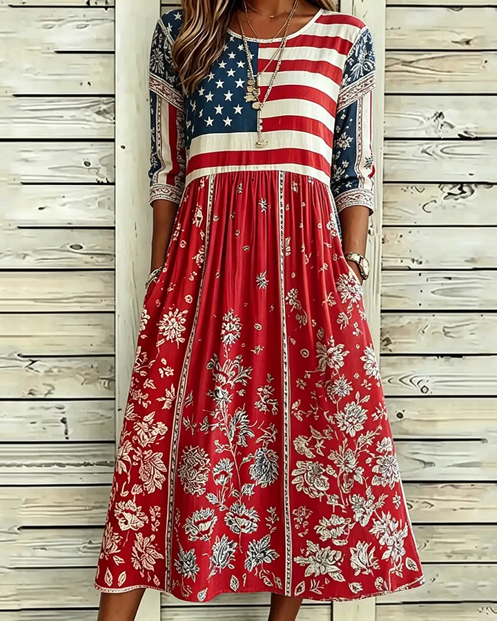 Women's Flag Floral Print Pocket Casual Dress