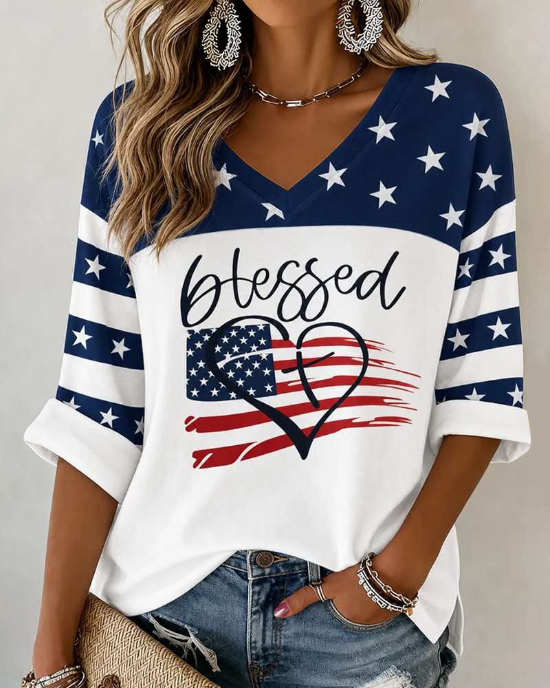 Blessed American Print V-neck loose T-shirt