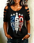 250 Years Fighter Jets Round Neck Hollowed-out Short Sleeve Top