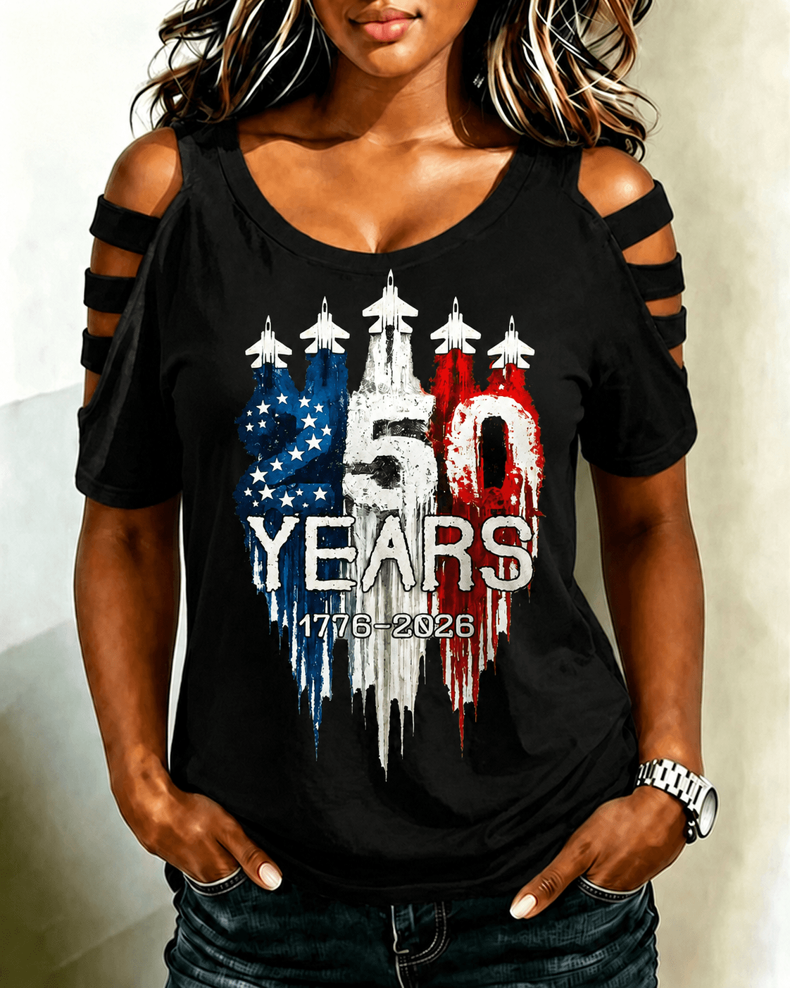 250 Years Fighter Jets Round Neck Hollowed-out Short Sleeve Top