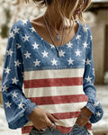 250 Years Freedom Print Round Neck Puff Sleeves Blouse