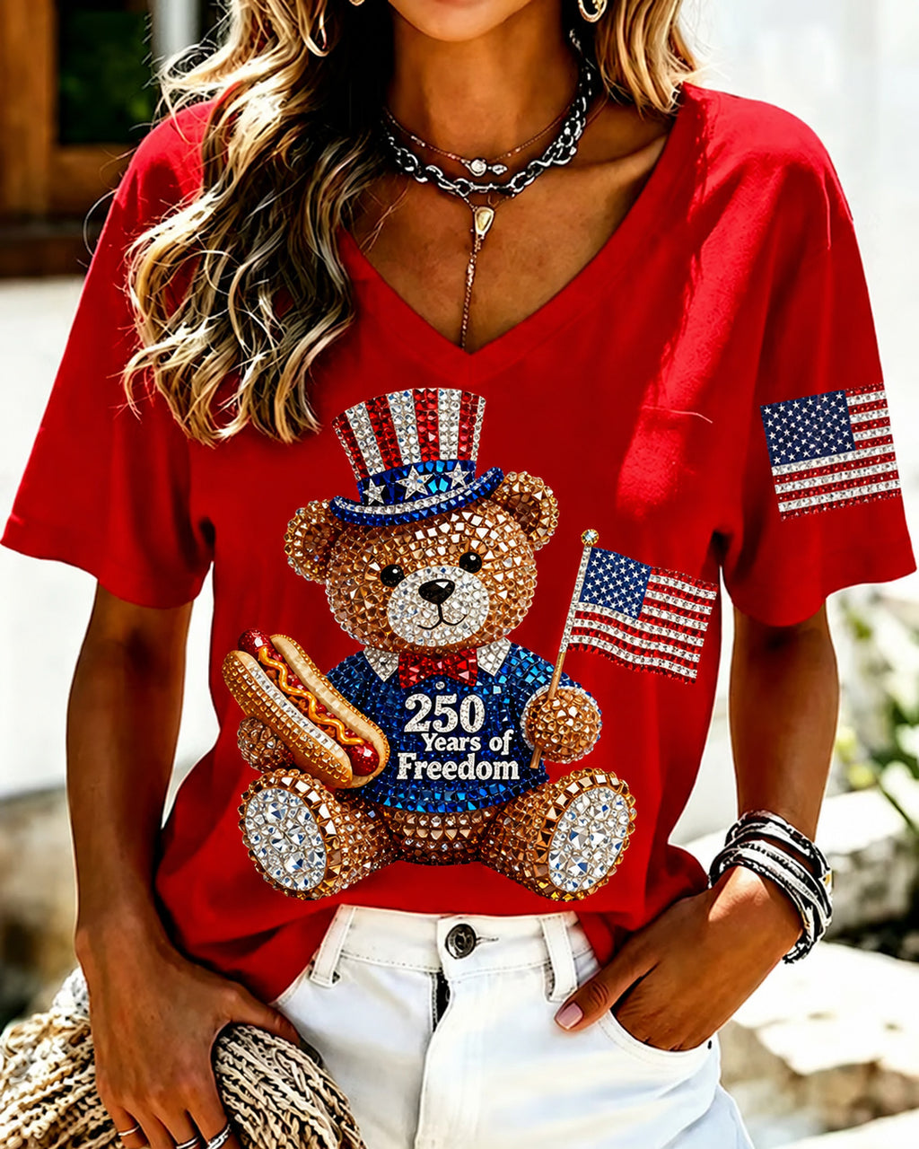 100% Cotton 250 Years of Freedom Teddy Bear V Neck Short Sleeve Tshirt