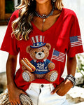 100% Cotton 250 Years of Freedom Teddy Bear V Neck Short Sleeve Tshirt