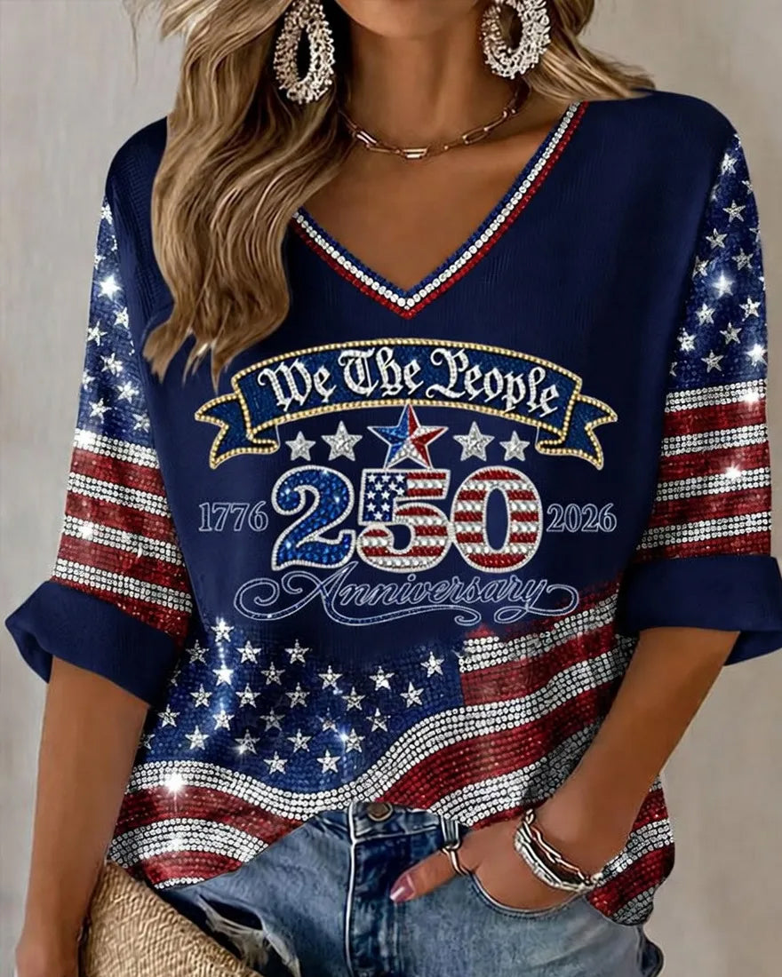 250 Years of Freedom Print V-neck Half Sleeved Loose Top