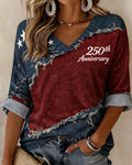 250th Anniversary 3D Patchwork Print V-neck Half Sleeved Loose Top