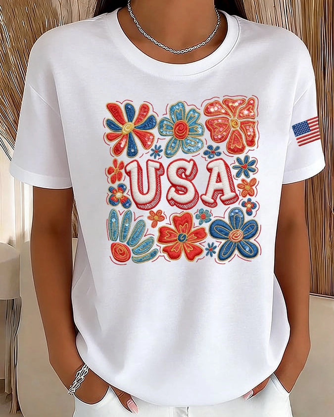 100% Cotton 250th Anniversary Bohemian Alphabet Crew Neck Short Sleeve Tshirt