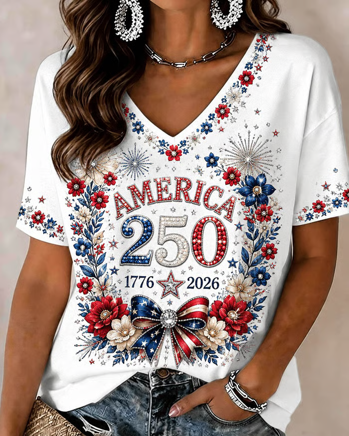 250th Anniversary Bow Print V-neck Short Sleeve Tshirt
