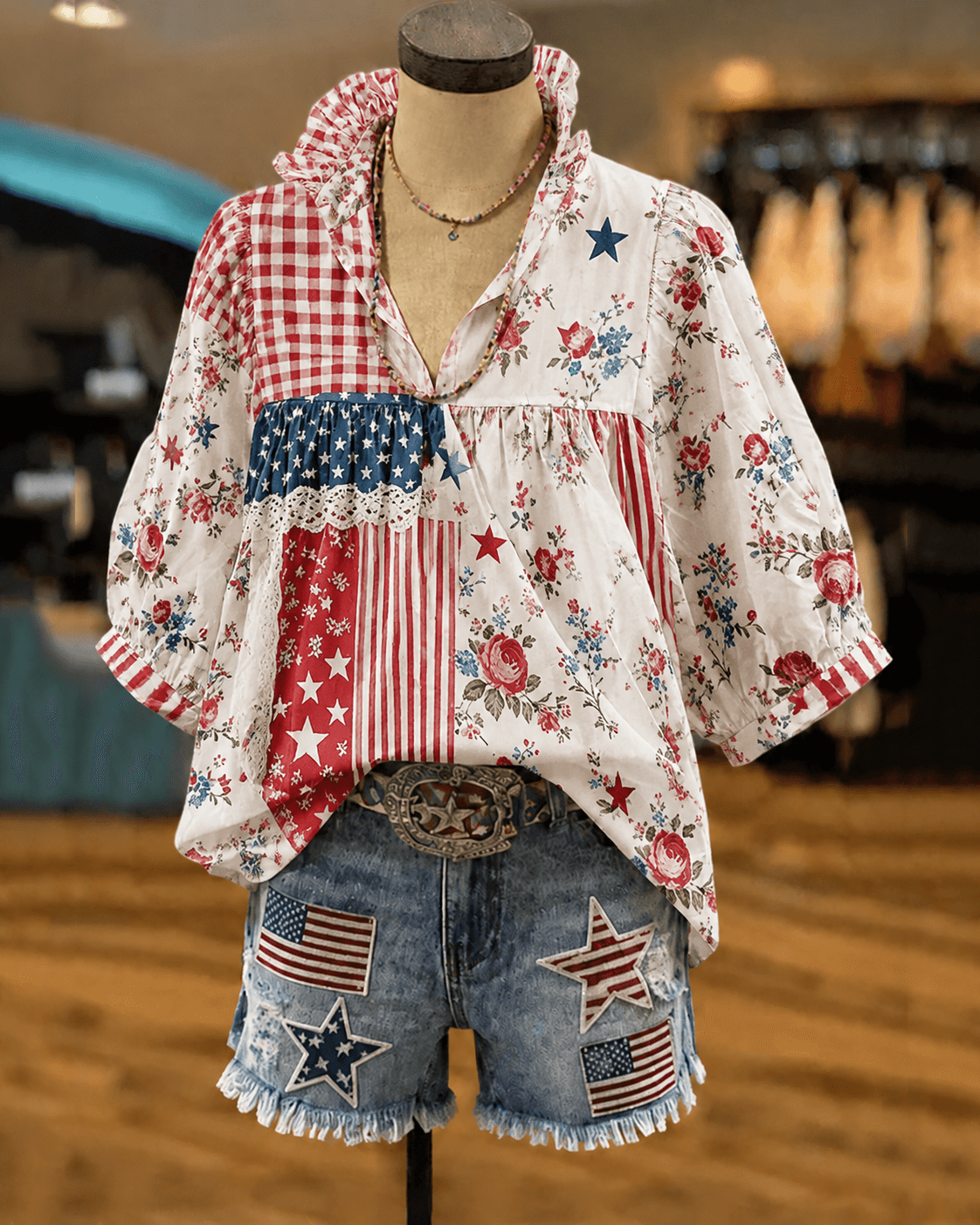 250th Anniversary Checkered Floral Pattern Print V‑Neck Puff Sleeve Blouse