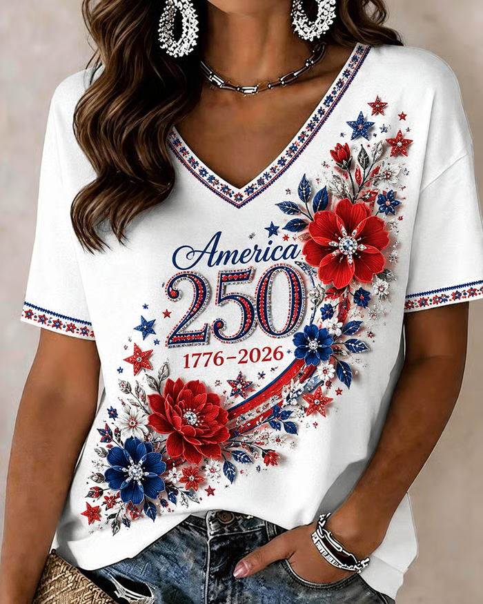 250th Anniversary Color-Blocked Floral Print V-neck Short Sleeve Tshirt