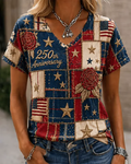 250th Anniversary Color-Blocked Patch Print V-neck Short Sleeve Tshirt