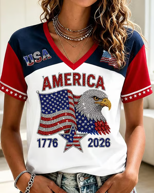 250th Anniversary Color Blocking Print V-neck Short Sleeve Tshirt