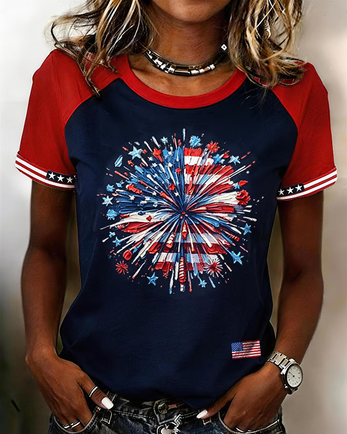 250th Anniversary Colored Fireworks Print Crew Neck Short Sleeve Tshirt