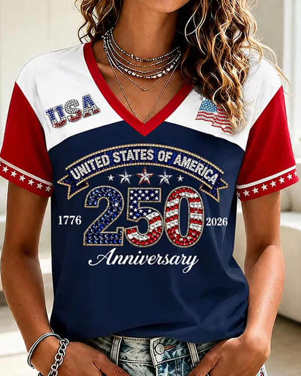 250th Anniversary Colored Letters Print V-neck Short Sleeve Tshirt