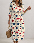 250th Anniversary Colorful Little Star Print Collared Cutout Casual Linen-Cotton Midi Dress