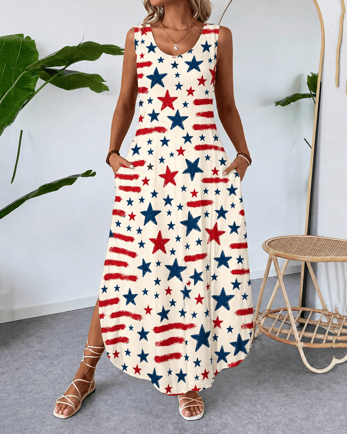 250th Anniversary Colorful Little Star Round Neck Pocket Casual Dress