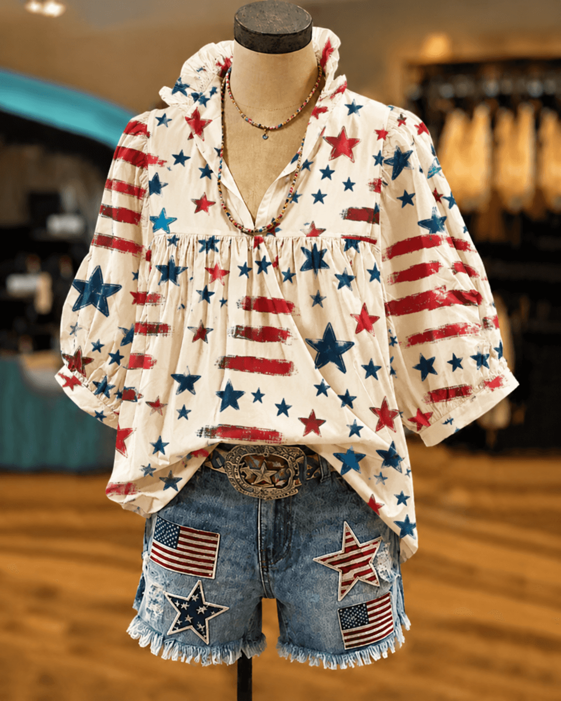 250th Anniversary Colorful Little Star Print V‑Neck Puff Sleeve Blouse