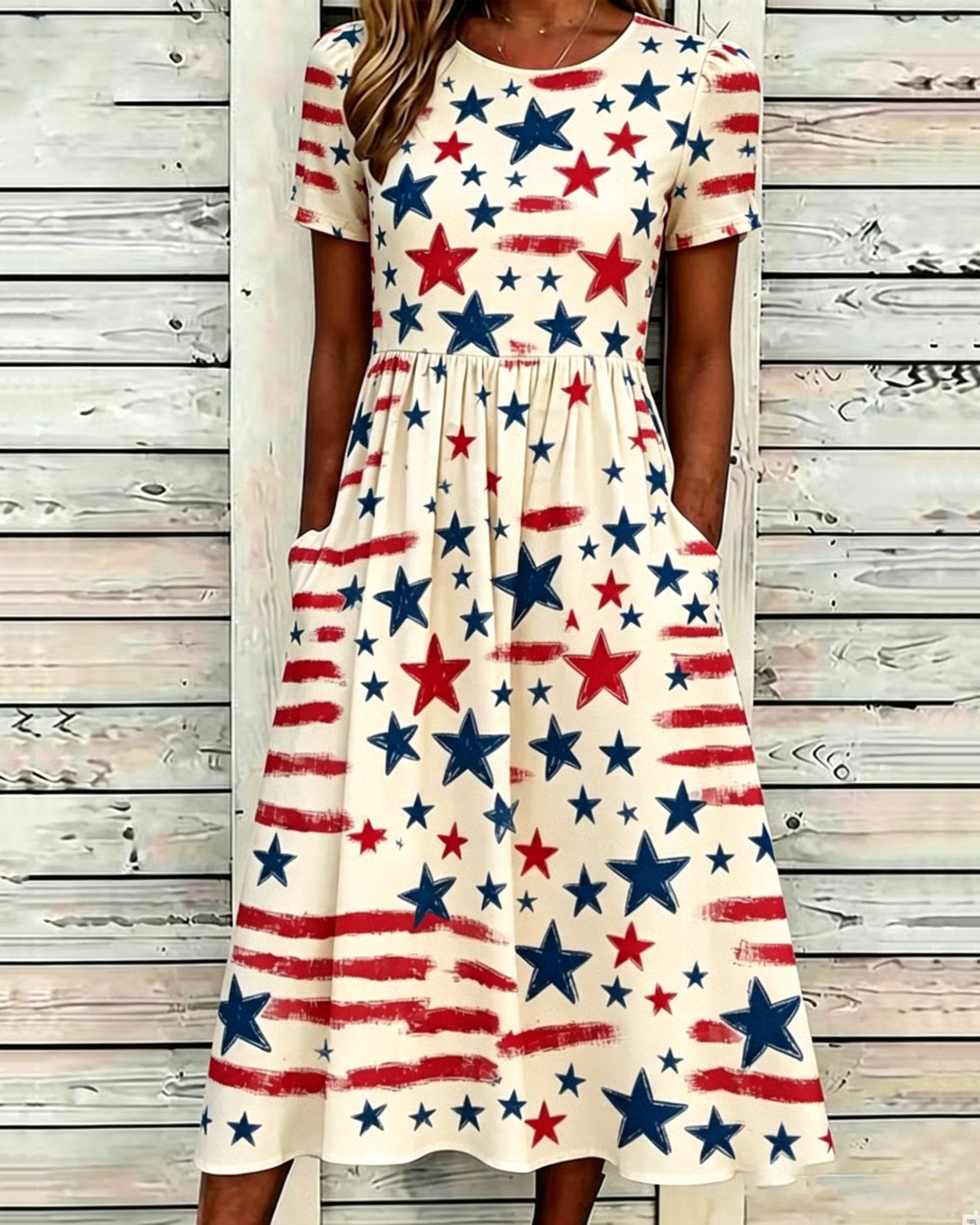 250th Anniversary Colorful Little Star Print Pocket Casual Dress