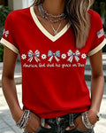 250th Anniversary Cute Bow Print V-neck Short Sleeve Tshirt