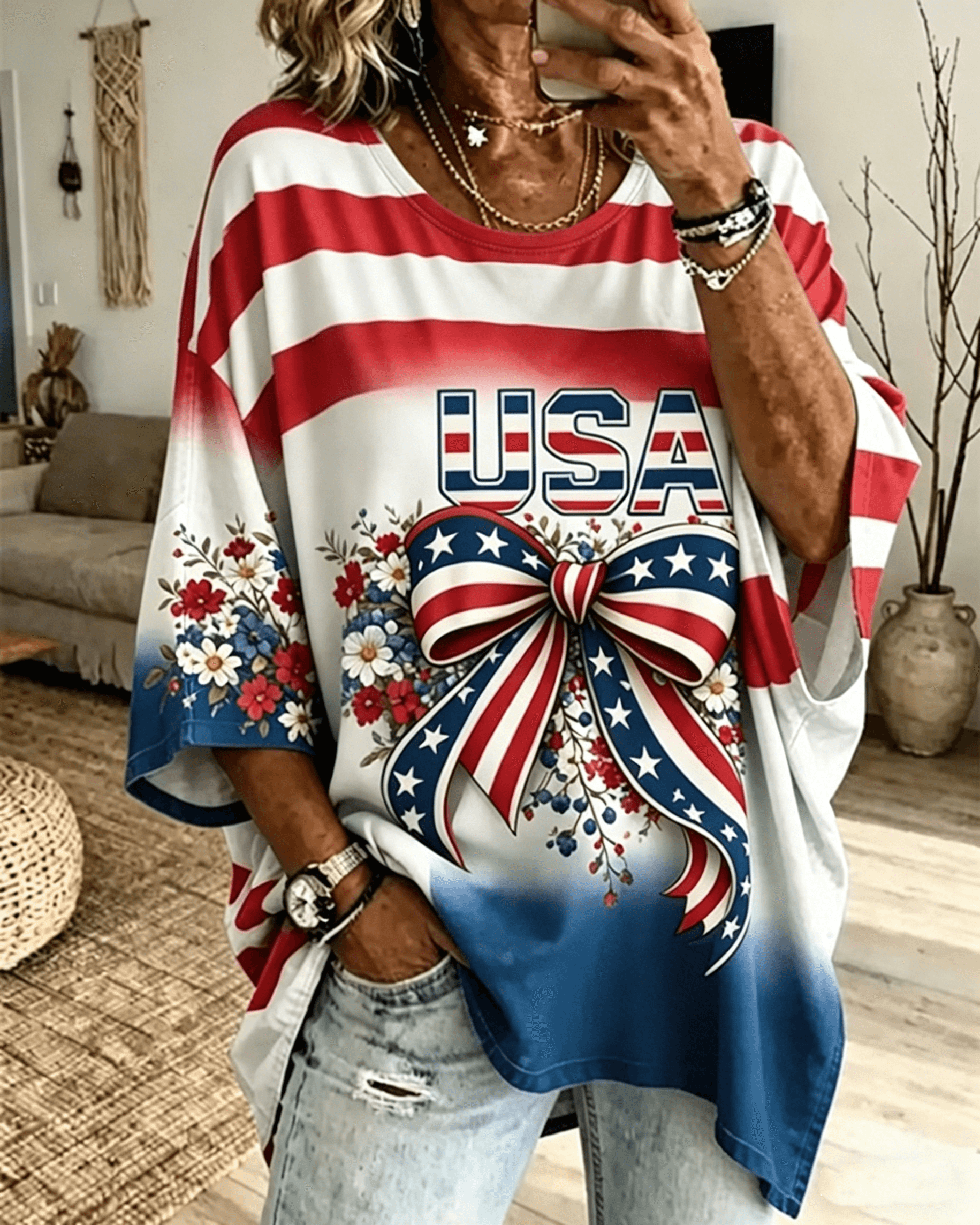 250th Anniversary Cute Bow Print Crew Neck Blouse