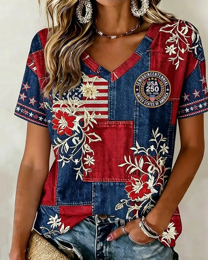Women's 250th Anniversary Denim Patchwork Print V-neck Short Sleeve Tshirt