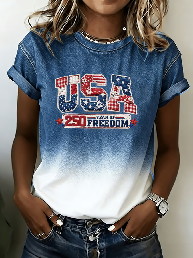 Crew Neck 250th Anniversary Denim Printed Short-sleeved T-shirt