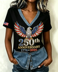250th Anniversary Diamond Eagle V-Neck Patchwork Top
