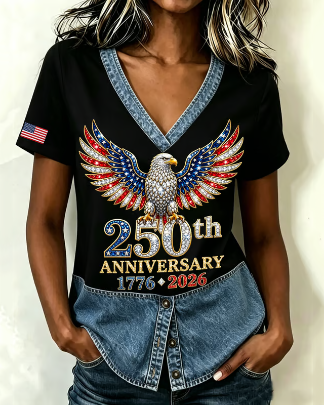 250th Anniversary Diamond Eagle V-Neck Patchwork Top