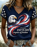 250th Anniversary Eagle Stripes Print V-neck Short Sleeve Tshirt