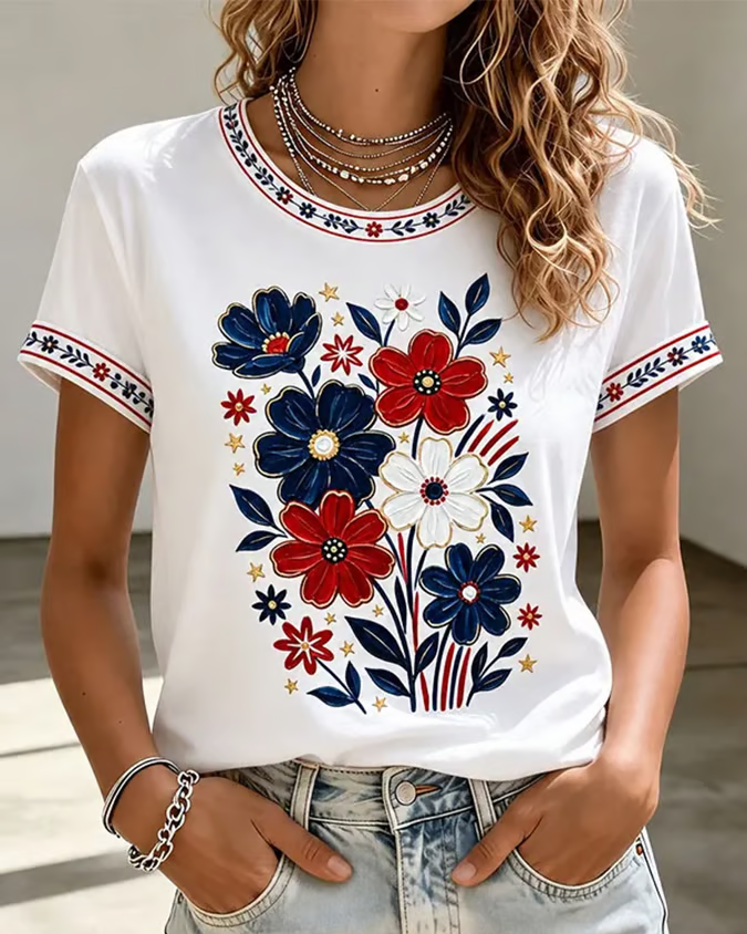 250th Anniversary Elegant Floral Color Blocking Crew Neck Short Sleeve Tshirt