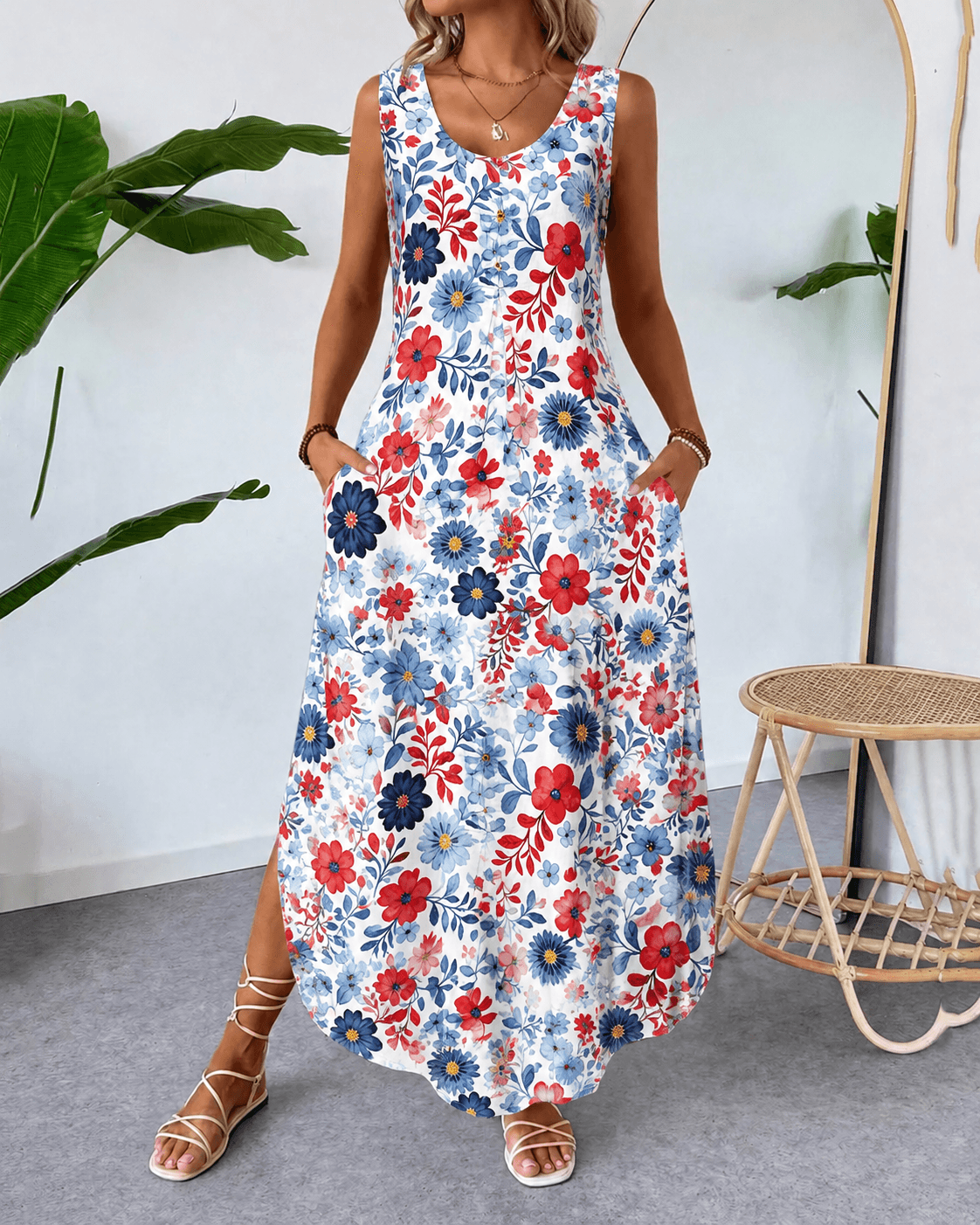 250th Anniversary Elegant Flowers Round Neck Pocket Casual Dress