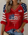 250th Anniversary Fireworks Print V-neck Half Sleeved Loose Top