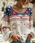 250th Anniversary Fireworks Stripes Print Round Neck Puff Sleeves Blouse