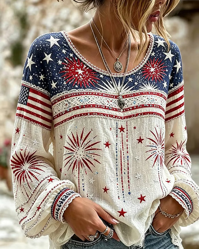 250th Anniversary Fireworks Stripes Print Round Neck Puff Sleeves Blouse