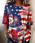 250th Anniversary Fireworks Cotton Linen Button-down Tie Blouse