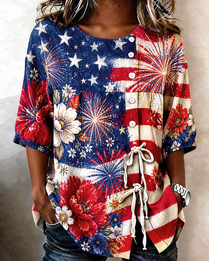250th Anniversary Fireworks Cotton Linen Button-down Tie Blouse