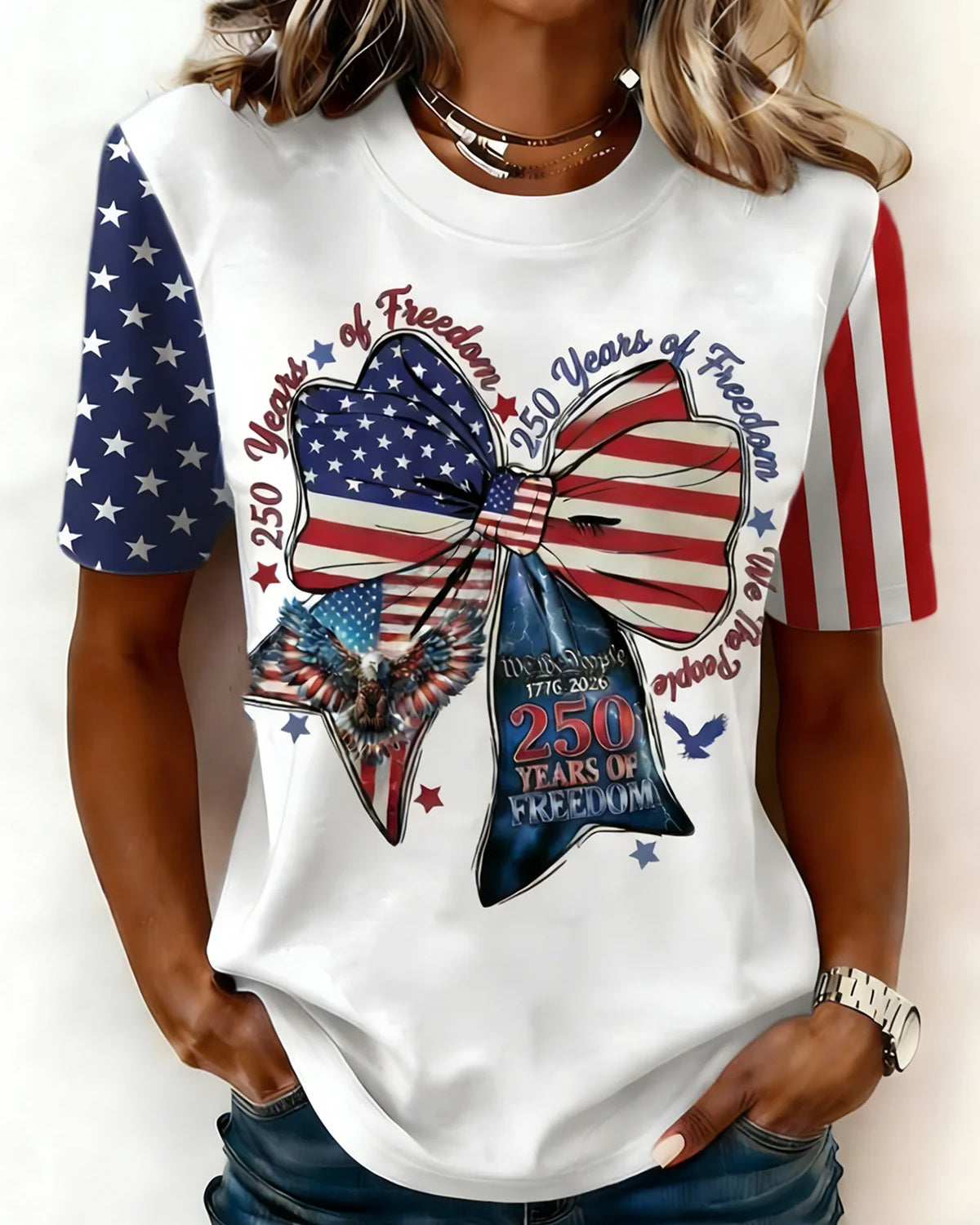 250th Anniversary Flag Bow Print Crew Neck Short Sleeve Tshirt