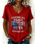 250th Anniversary Flag Bow V Neck Short Sleeve Tshirt