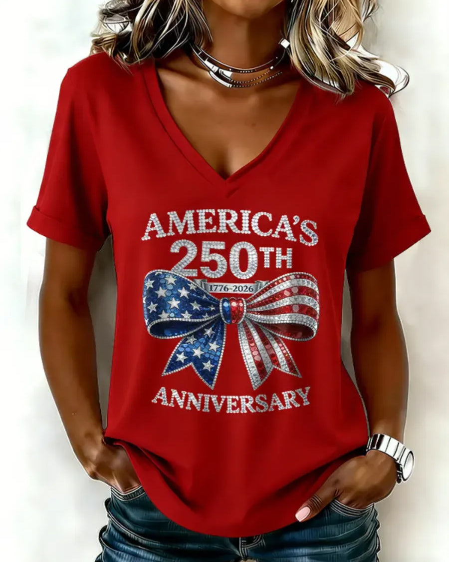 250th Anniversary Flag Bow V Neck Short Sleeve Tshirt
