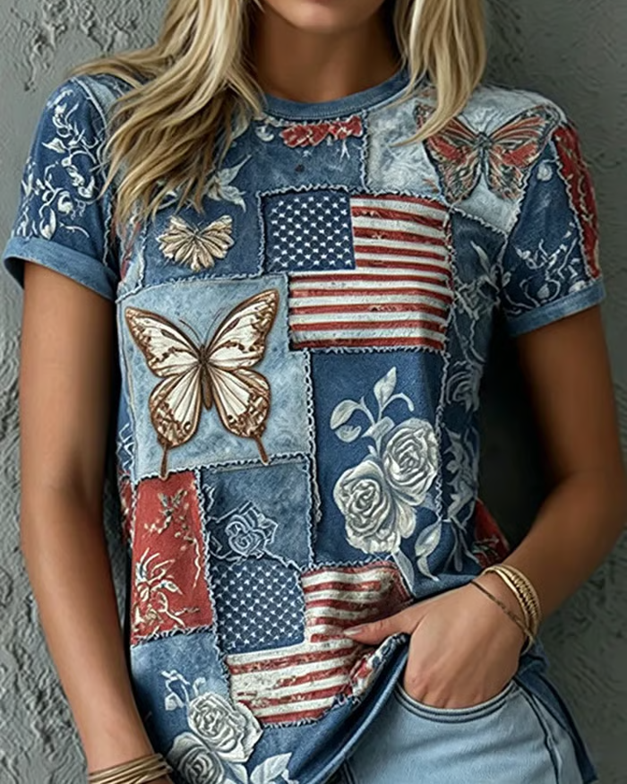 250th Anniversary Flag Butterfly Patch Print Crew Neck Short Sleeve Tshirt