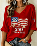 250th Anniversary Flag Cross Print V-neck Half Sleeved Loose Top