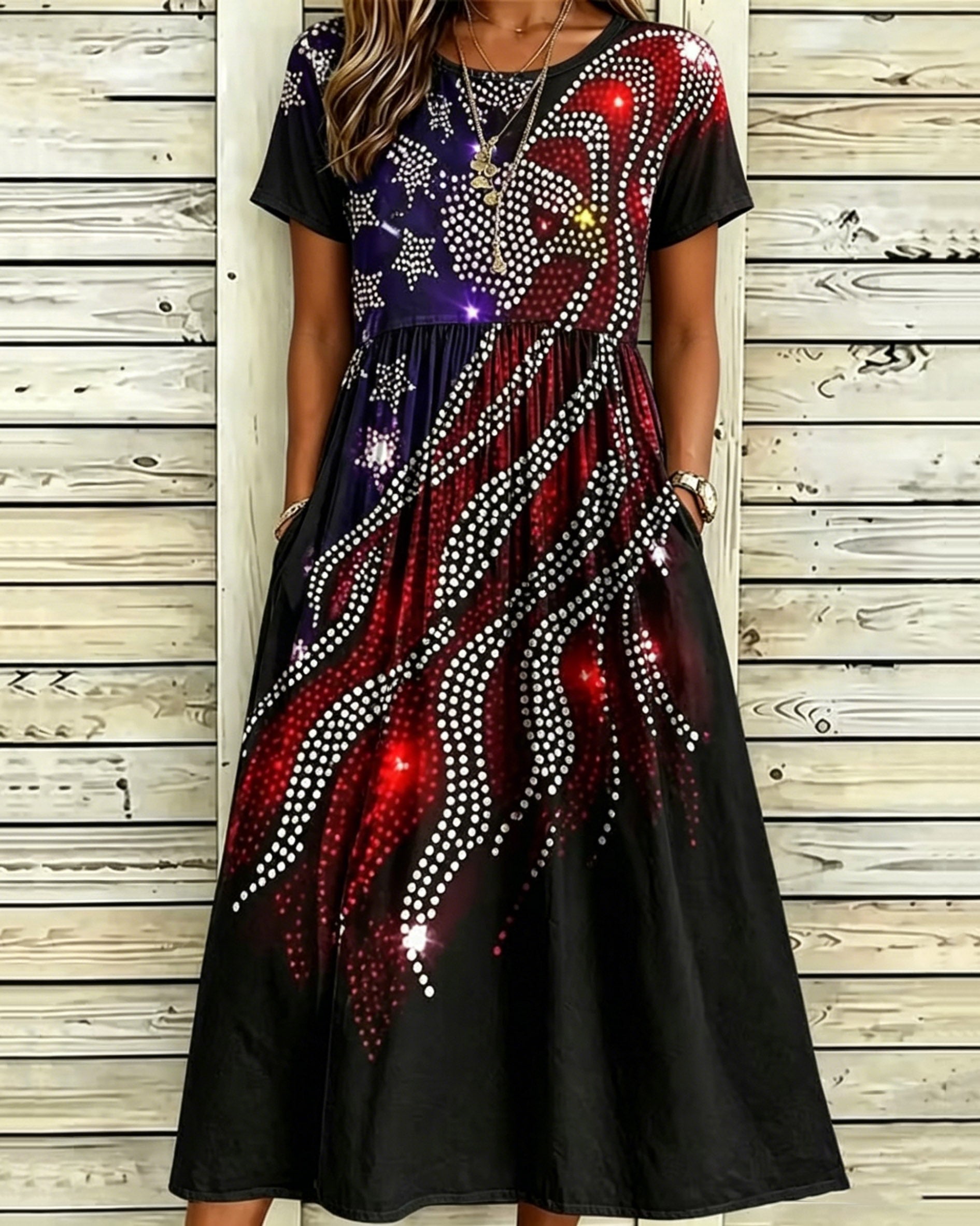 250th Anniversary Flag Diamond Print Pocket Casual Dress