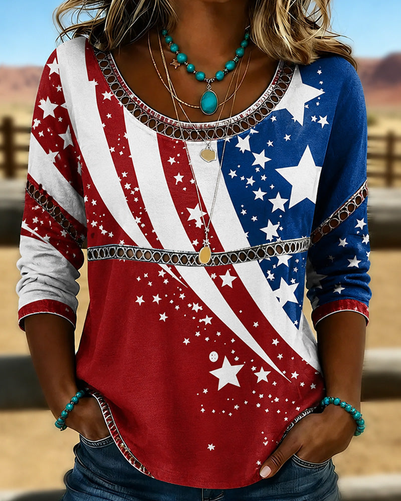 250th Anniversary Flag Graffiti Print Round Neck Blouse