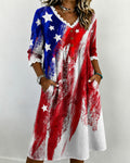250th Anniversary Flag Graffiti Print V-Neck Lace-Paneled Cotton Linen Casual Dress