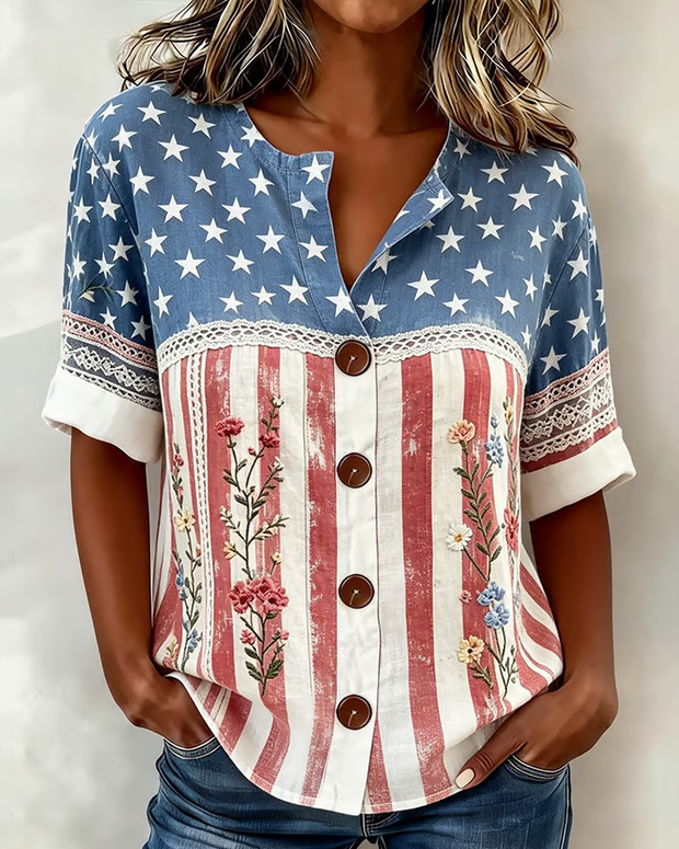 250th Anniversary Flag & Lace Splicing Cotton Linen Print Blouse