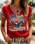 Women's 250th Anniversary Flag and Statue of Liberty Print V-neck Short Sleeve Tshirt