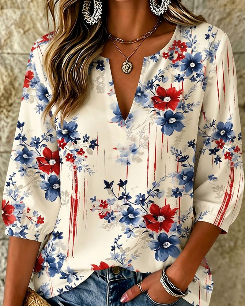 250th Anniversary Floral Oil Painting  V‑Neck 3/4 Sleeve Blouse