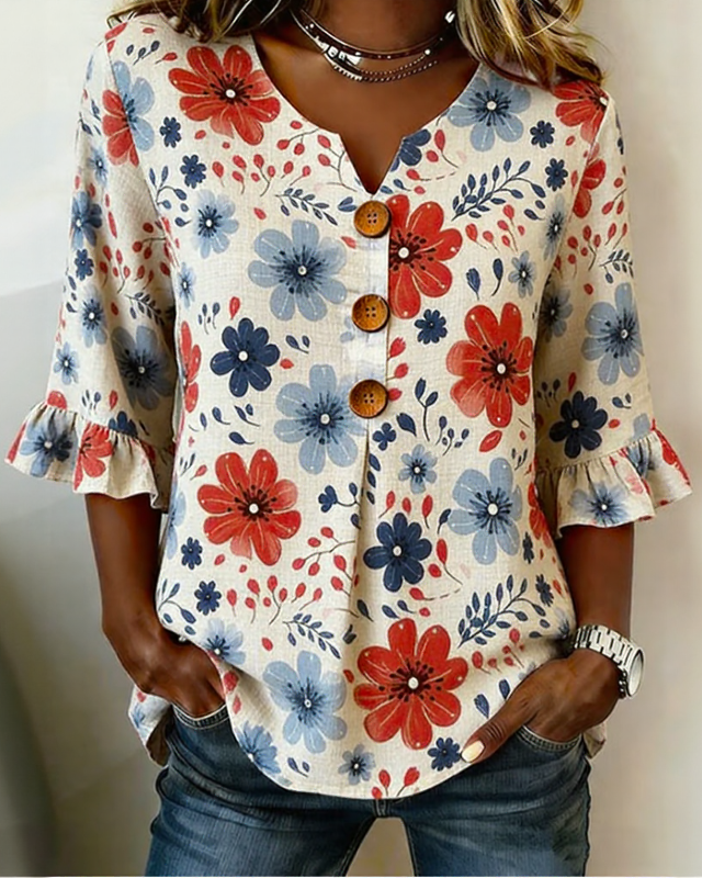 250th Anniversary Floral Print Half Sleeve Casual Blouse