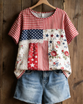 250th Anniversary Floral Stripe Patchwork Round Neck Blouse