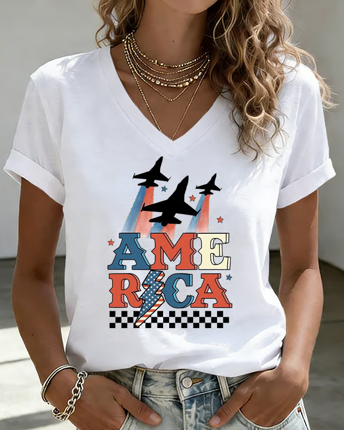 100% Cotton 250th Anniversary Fun Airplane V Neck Short Sleeve Tshirt